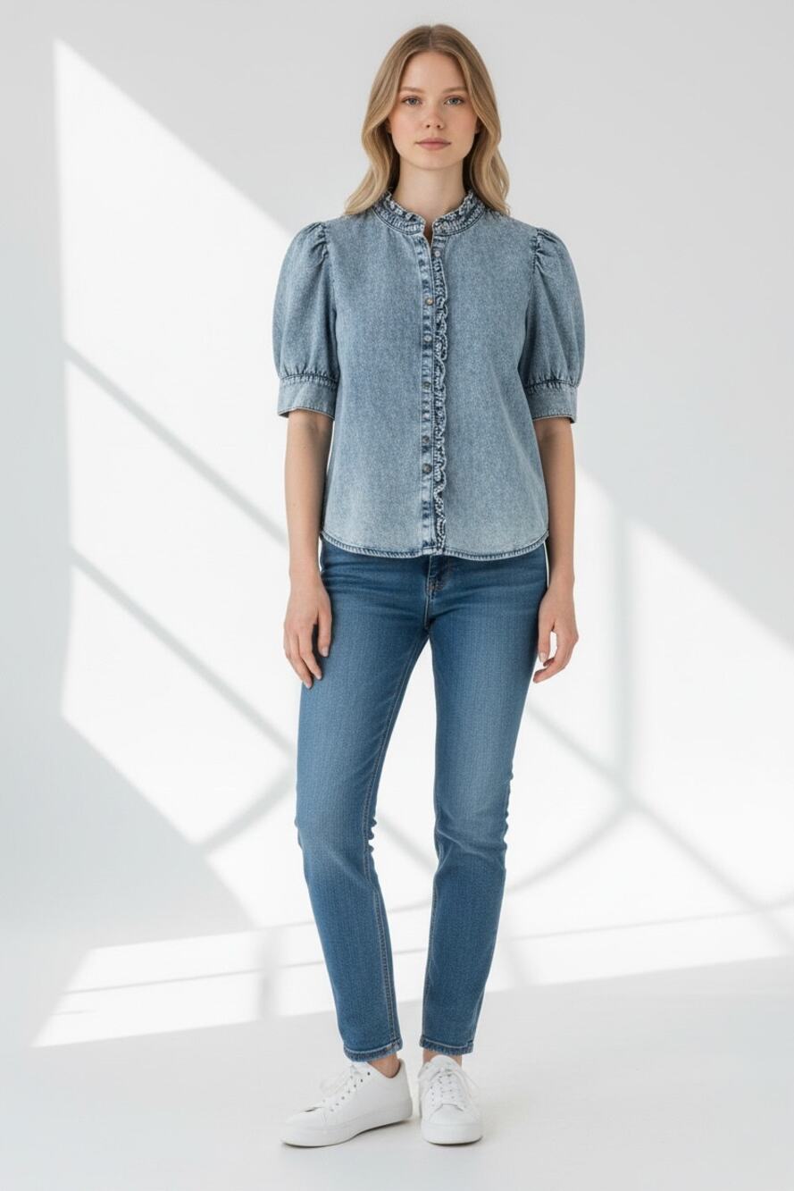 GAP Top Size S Light Blue Chambray Denim Soft Ruffles Puff Sleeves